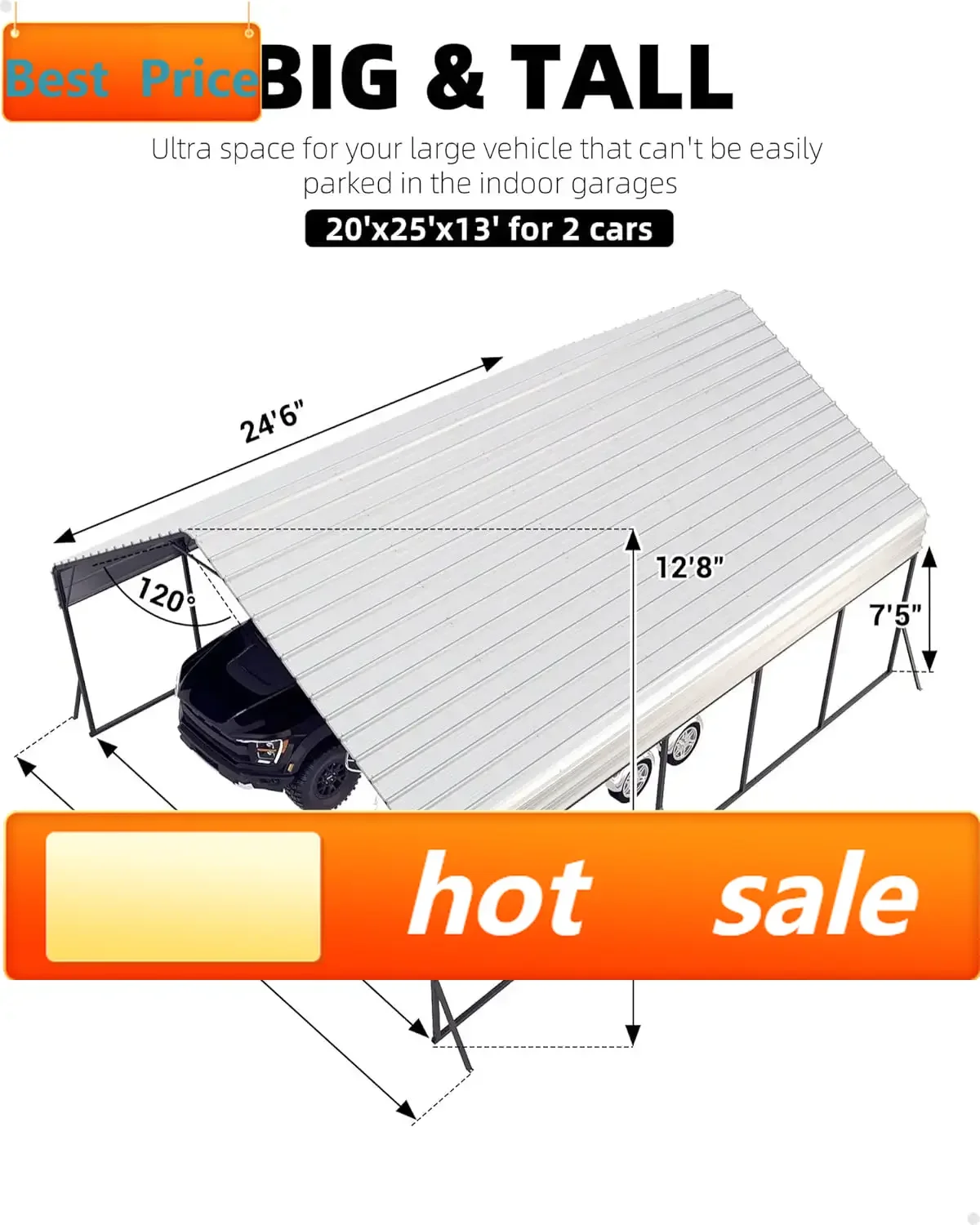 

Ограниченное по времени предложение: Металлический навес для 2 автомобилей 20'x25'x13', сверхпрочный, для сильных снегопадов, с усиленной рамой, высокий.