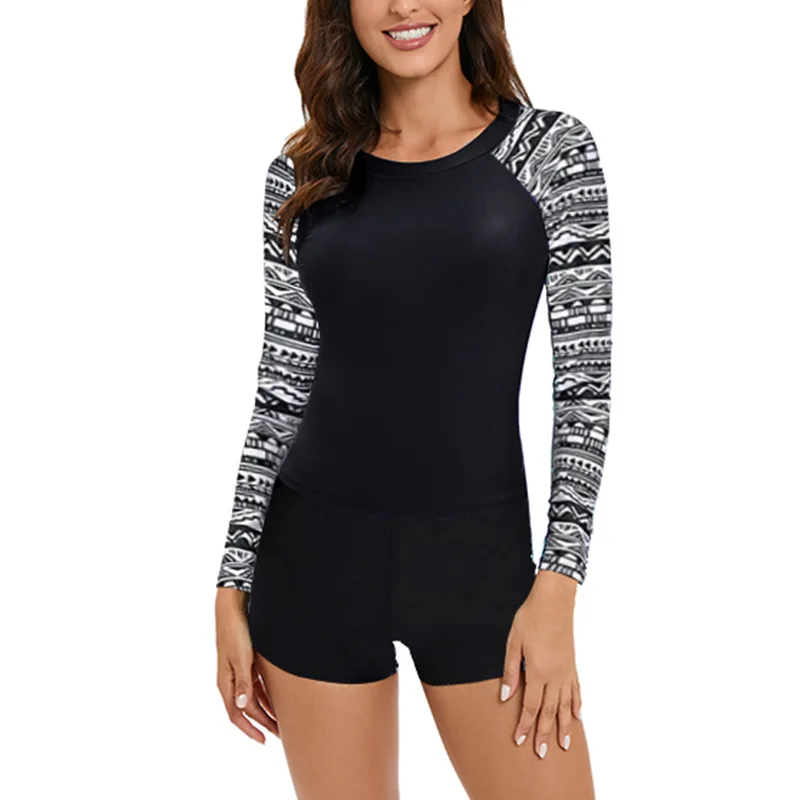 Long Sleeve Swimsuit Print One-piece Swimsuit Women Sun Protection Sports Surfing Top Swimsuit with Chest Pad One Piece Swimwear