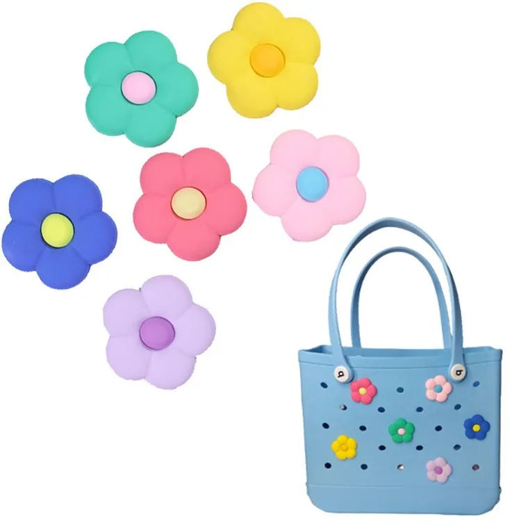 6pcs Beach Bags Flower Charms, Accessories Decoration For Rubber Totes Bag, Summer Croc Charms For Bag