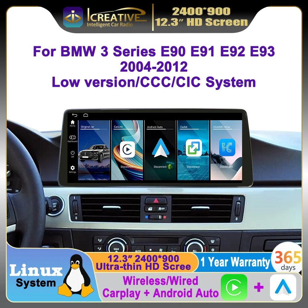Radio para Auto con Sistema Linux de 12.3 Pulgadas, Carplay Inalámbrico, Android Auto, para BMW Serie 3 E90 E91 E92 E93 2004-2012, Reproductor Multimedia, Navegador, HU