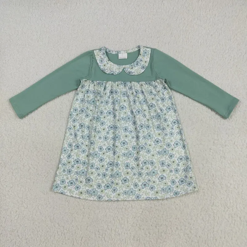 

8.14 y Winter Boutique Flower Pattern Long Sleeve Girls Dress Teal Wholesale Dress for Girls