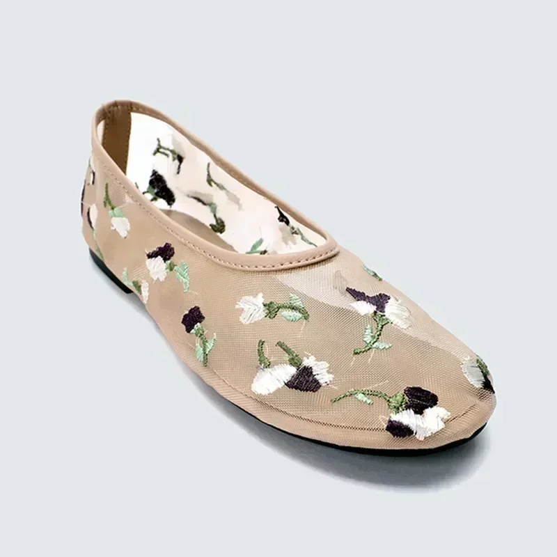 Hand Embroidered Flowers Designer Mesh Hollow Flats Ballet Shoes Women Summer Light Breathable Mary Jane Shoe Elegant Mules Shoe