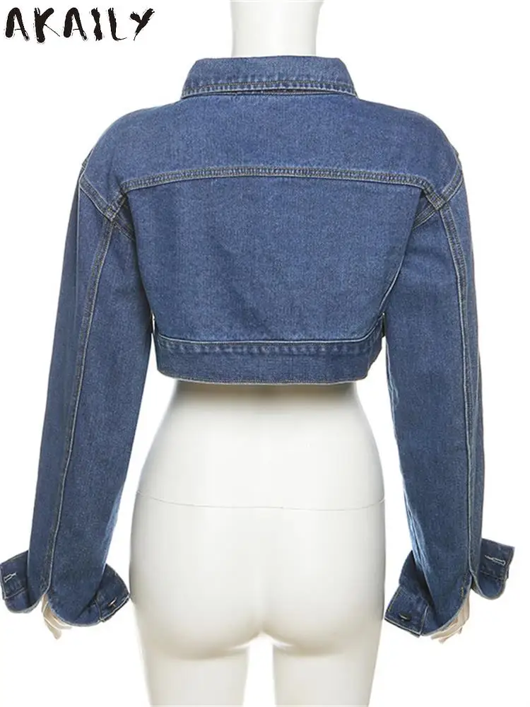 Akaily jaket Denim tambal sulam, pakaian kasual untuk wanita lengan panjang kancing longgar, jaket mode Crop longgar dengan 2023