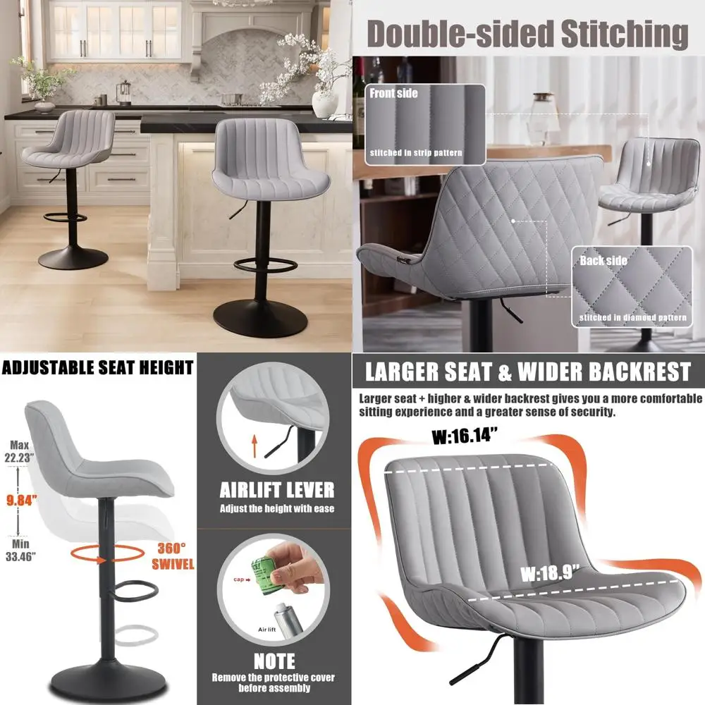 

Modern Swivel Bar Stools Set of 2, Grey Counter Height Kitchen Barstools with Backs, Faux Leather Padded Chairs