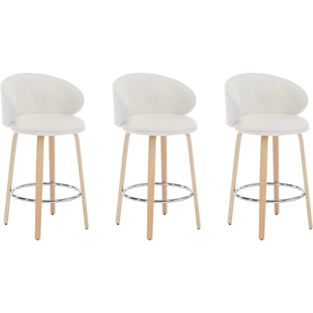 

Modern Bar Stools Set of 3, 26 Inch Counter Height Sherpa Barstools with Wooden Legs, Bar Chairs with Barrel Backrest for Kitche