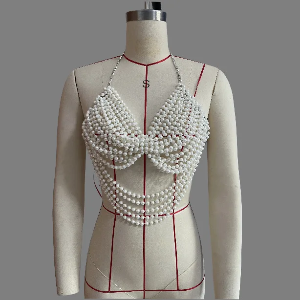 Hand-woven Plastic Pearls Camis Tops Women Halter Bra Chain Multi-layer Sexy Pearls Deep-v Neck Vest Tanks Breast Body Jewelry