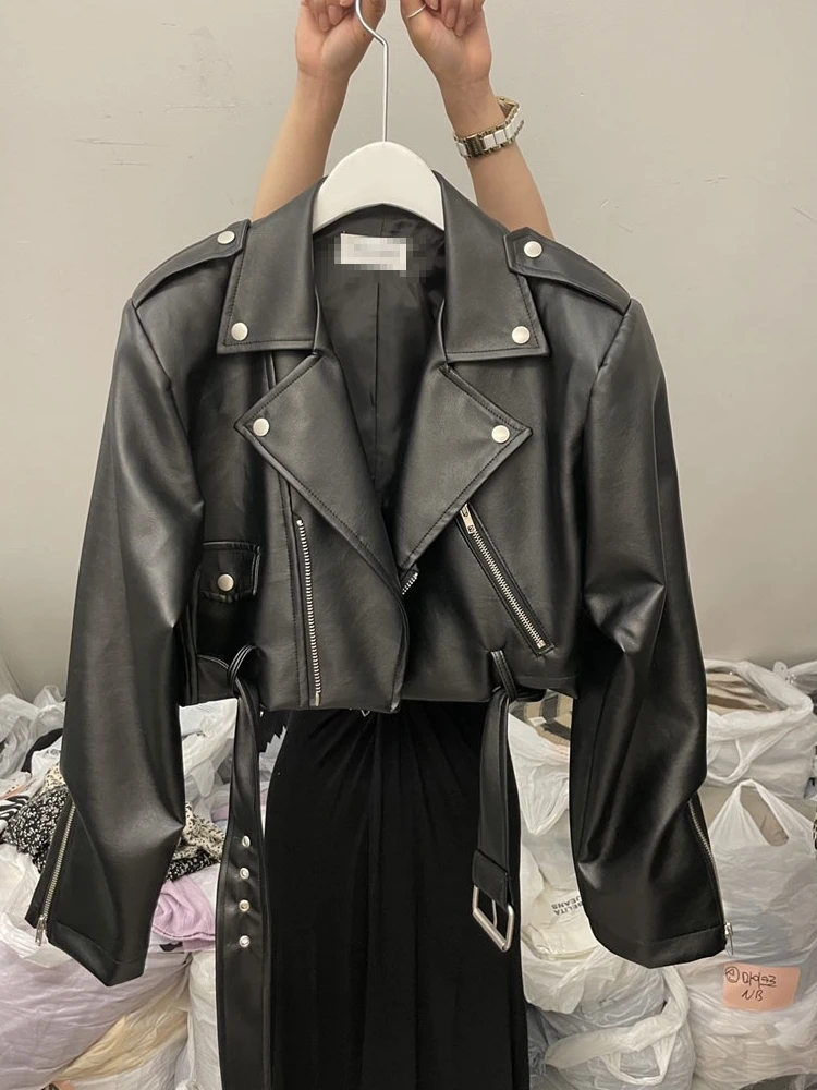 Turn-down Collar Zipper Motorcycle Leather Coat With PU Belt Spring Autumn New Fashionable Small Short Y2K Style Jacket