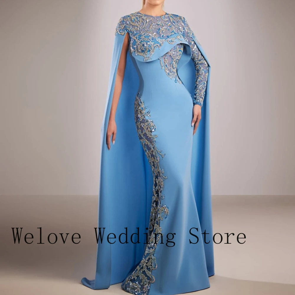 Customized 2026 Sky Blue Mermaid Gown – Beaded Lace Cape Sleeve Trailing Formal Maxi Dress for Prom, Gala & Wedding Events