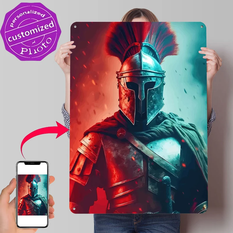 Warrior in Red and Blue Armor Metal Poster Customized Wall Art Retro Vintage Metal Signs for Man Cave Room Decoration Gaming