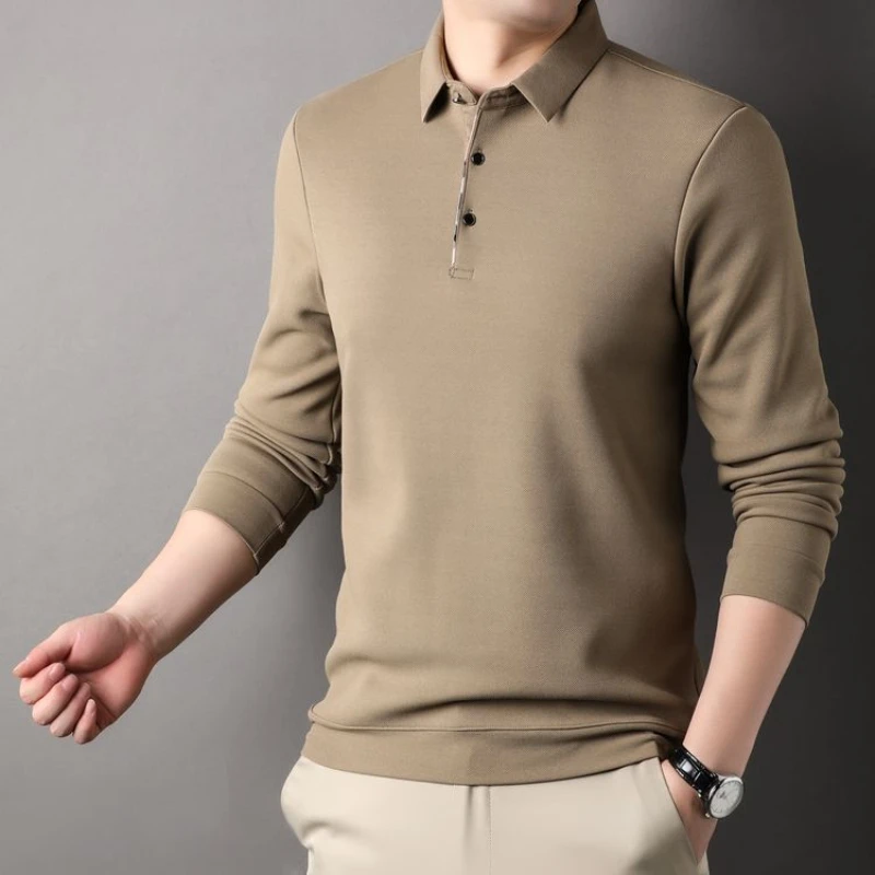 High Quality Solid Color Business Casual Autumn and Winter Warm Men's Polo Shirt, Elegant Men's Long Sleeve Lapel T-shirt. M-4XL