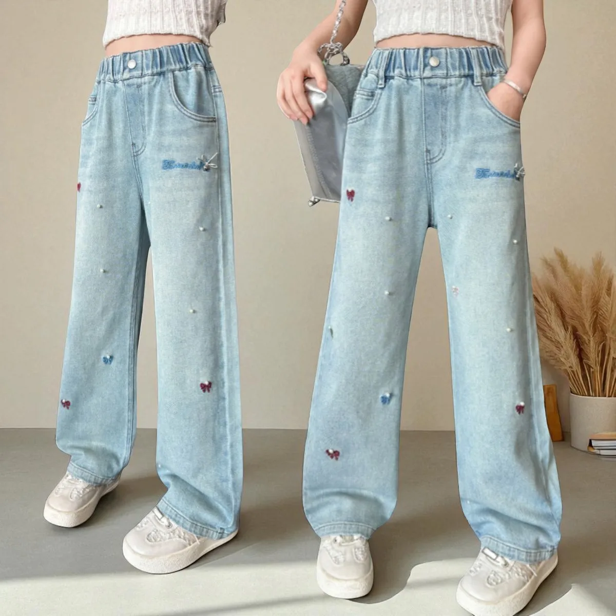 Young Girls Wide Leg Denim Jeans for Kids Loose Fit Denim Pants Teenagers Trousers kids Outfits Baby Clothes 5 7 10 12 13 Years