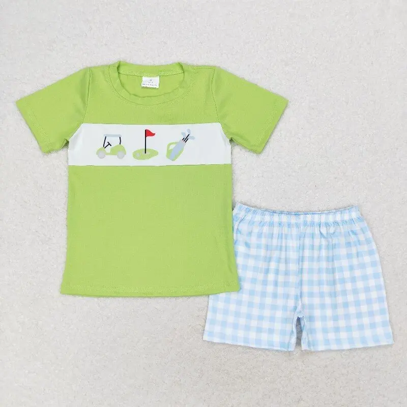 New rts baby boys summer suits wholesale boutique embroidery daddy's fishing buddy fish puppy green short sleeve striped shorts