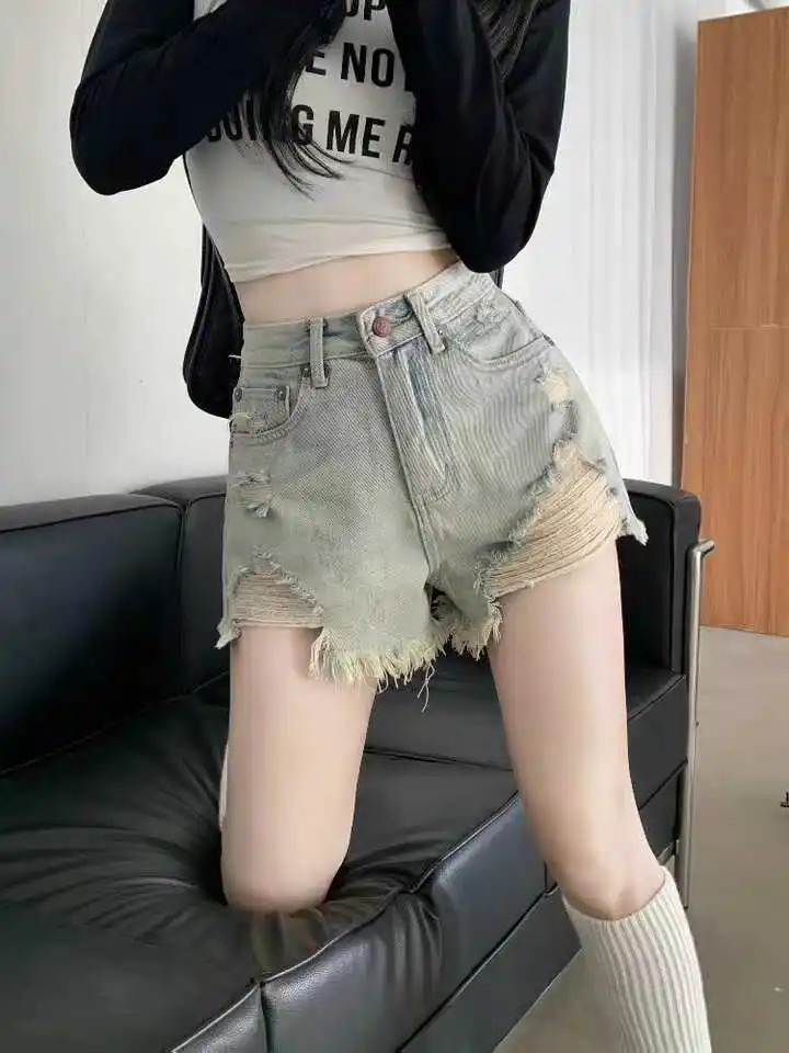 

High Waist Distred Denim orts Women's Summer Design Slimming A-Line Hot Pants Wide Leg Pants American Sle Trendy orts