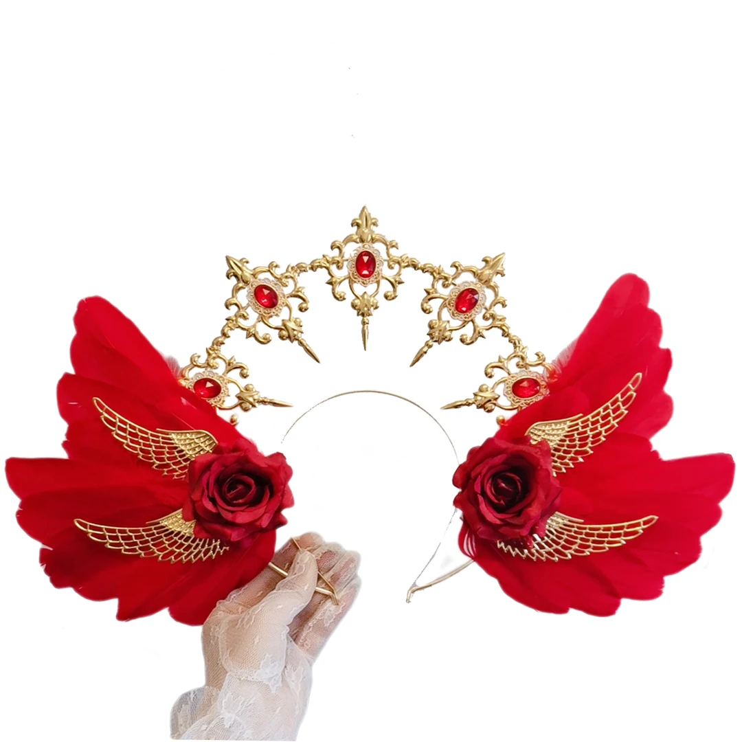 Red Baroque Gothic Rose Angel Wings Halo Crown Headwear Sun Godmother's Retro Gorgeous Lolita KC Crown Headband Hair Accessories