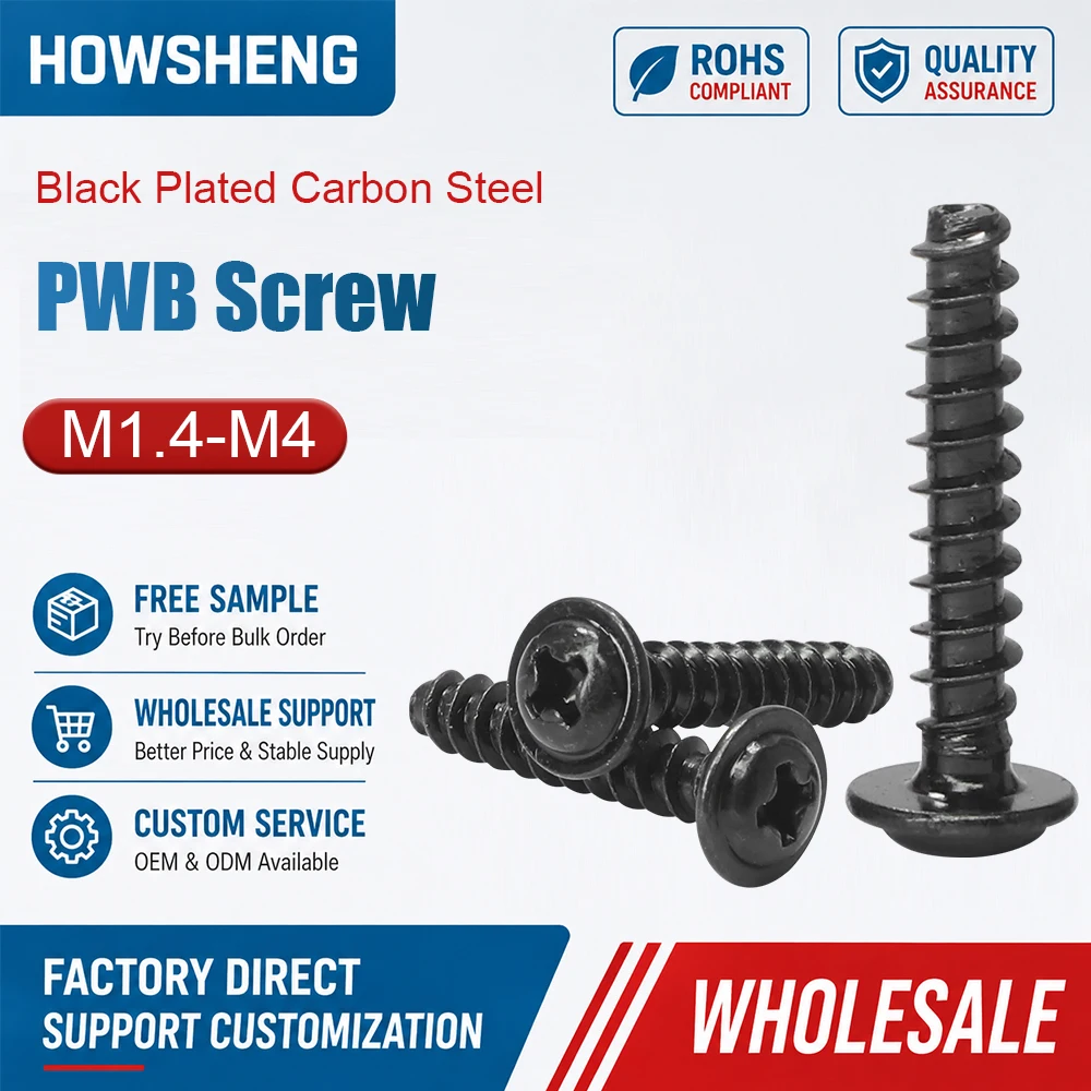 Cross PWB Screw Black Plated Phillips Round Head With Washer Flat Tail Self Tapping Screw M1.4 M1.7 M2 M2.3 M2.6 M3 M3.5 M4