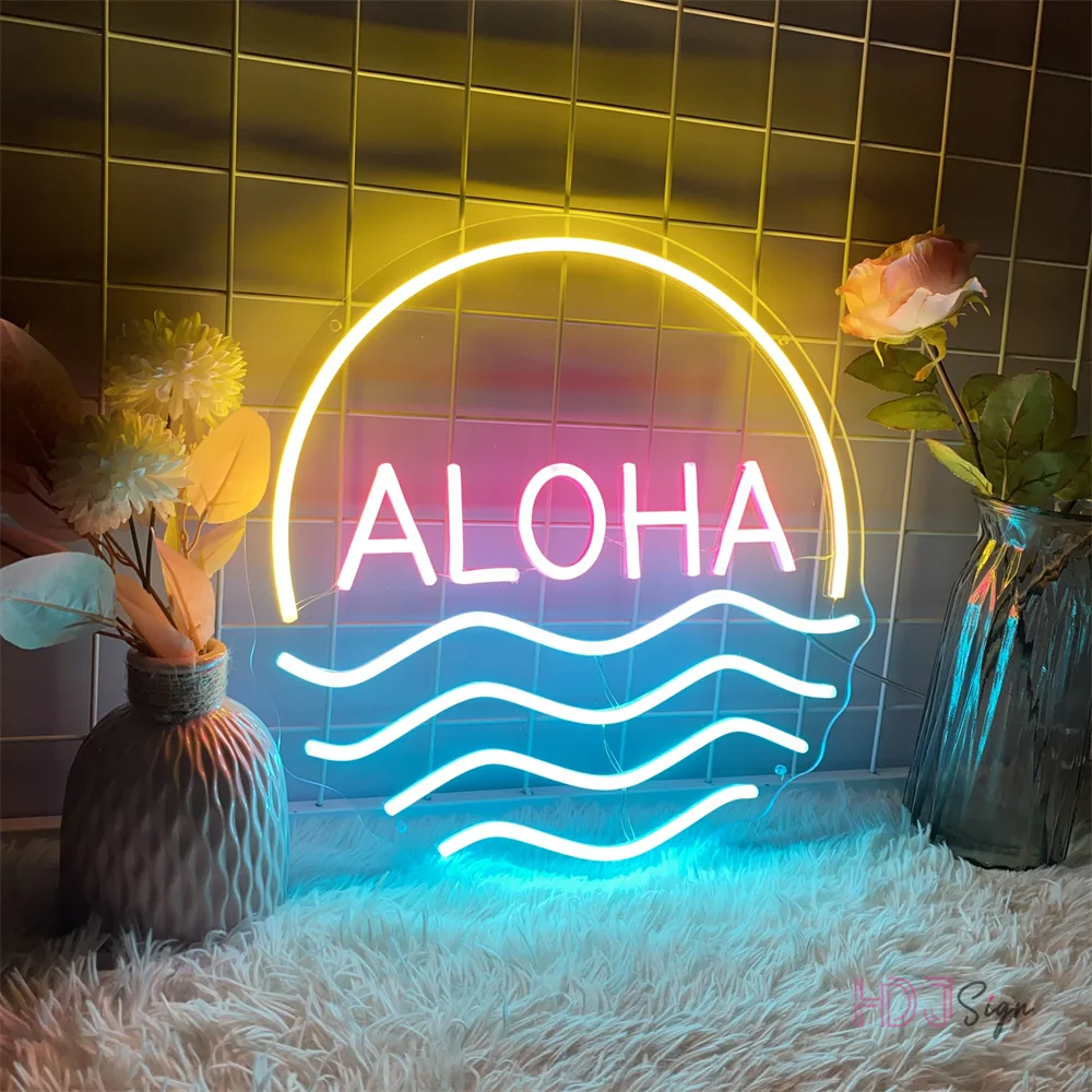 Aloha Neon Led Sign Sun Wave Neon Lights USB LED Lamps Signs Home Wall Decor Bedroom Kid Room Bar Party Game Room Decoration