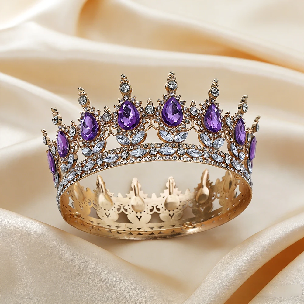 2Pcs Luxury Purple Amethyst Baroque Crown Set Tiara Gold Full Round Crown Clear Rhinestones Regal Bridal Headwear Weddings Proms view 3