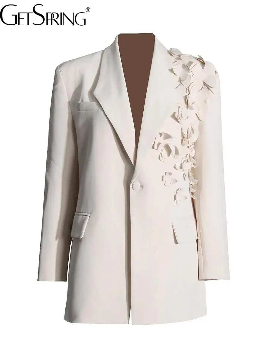 GetSpring Women Blazer 2024 Flower Stitched Single Button Full Sleeve Ladies Blazer Coat Fashion Loose Long Women's Suit Jacket