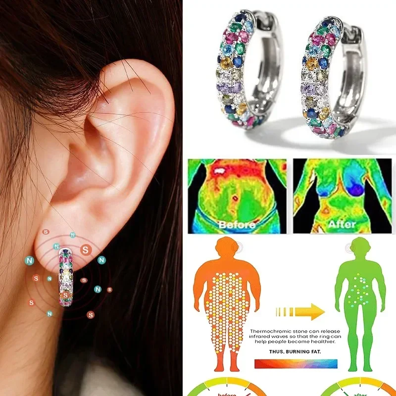 Pendientes de drenaje linfático de cristal, aretes redondos de cristal de colores, joyería adelgazante para pérdida de peso, magnetoterapia de moda