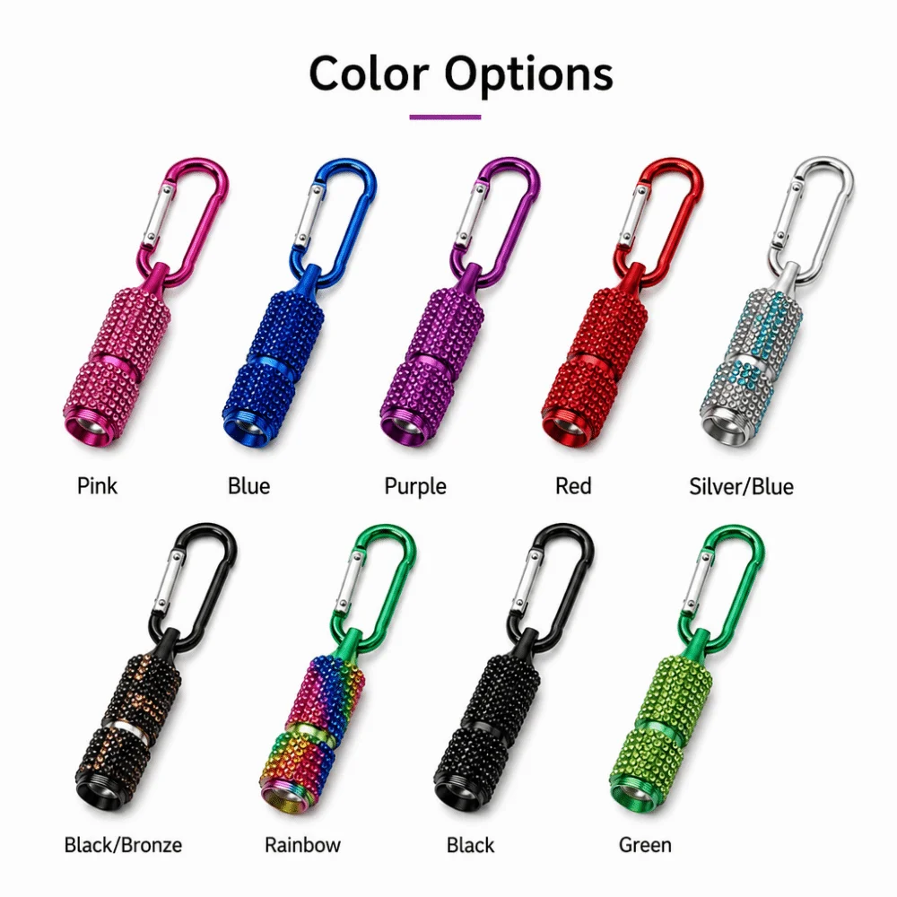 Emergency Diamond-encrusted Mini Flashlight Button Battery Twist Switch Rhinestone Flashlight Bright Light Carabiner Clip