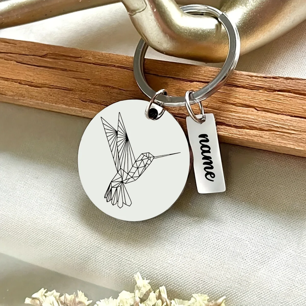 Personalized Geometric Hummingbird Keychain, Unique Gift