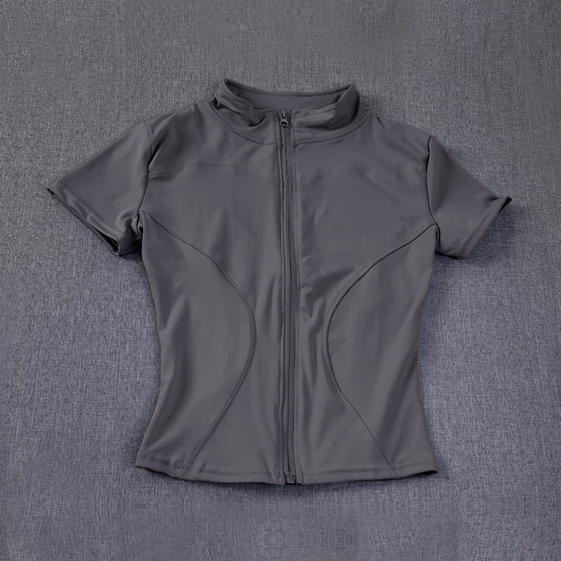 Zomer hoge kwaliteit taille afslanktraining tops dames sneldrogende strakke opstaande kraag volledige ritssluiting korte mouwen yoga shirts - afbeelding 1
