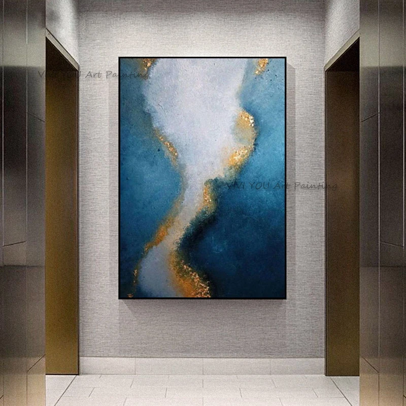 Handpainted Ocean Flow Metallic Abstract Oil Painting Thick Palette Knife Canvas Wall Decor For Modern Hallway