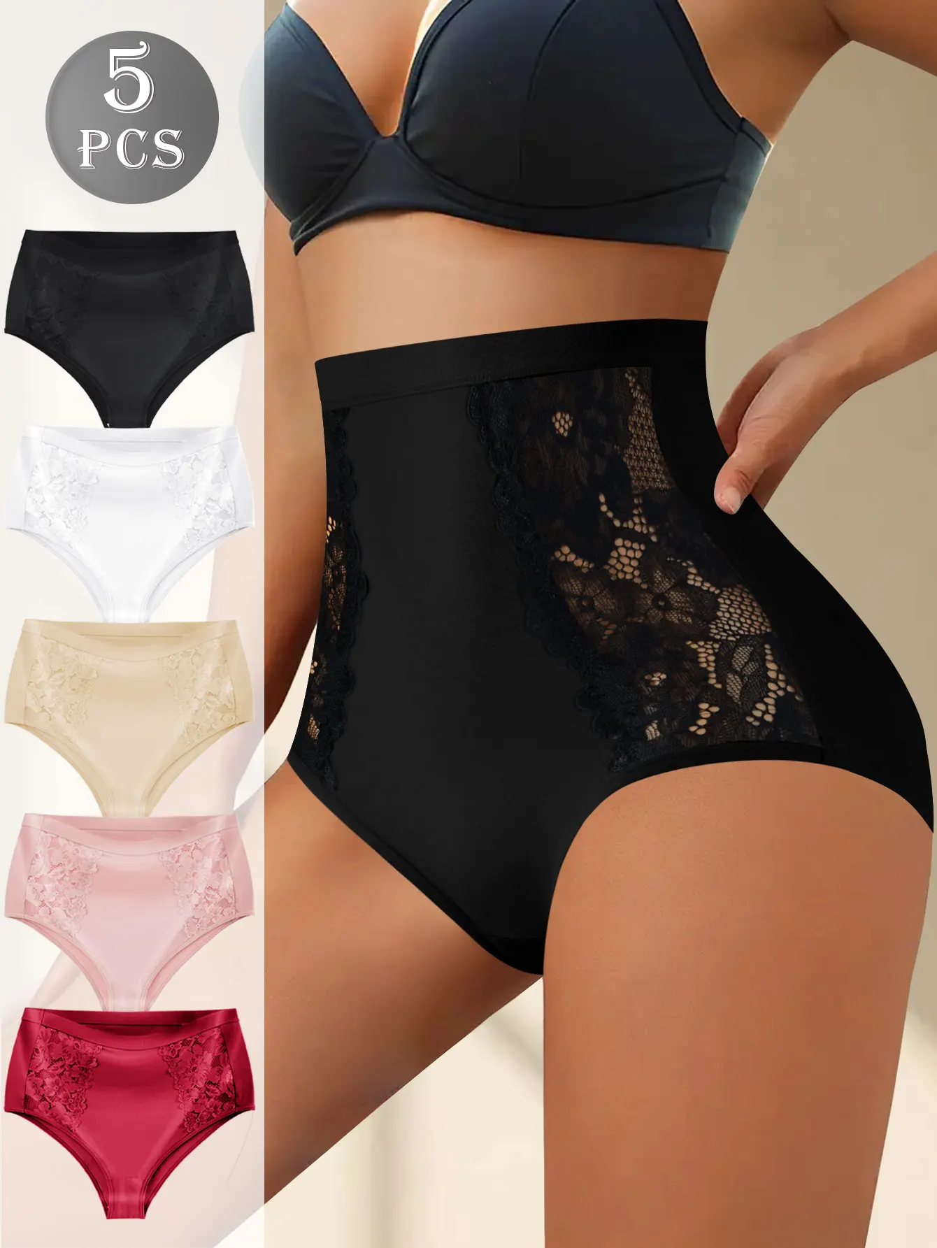 

5Pcs/Set High Waist Floral Briefs For Women Sexy Underwear Hollow Underwear Women'S Underwear Women'S Breathable Underwear