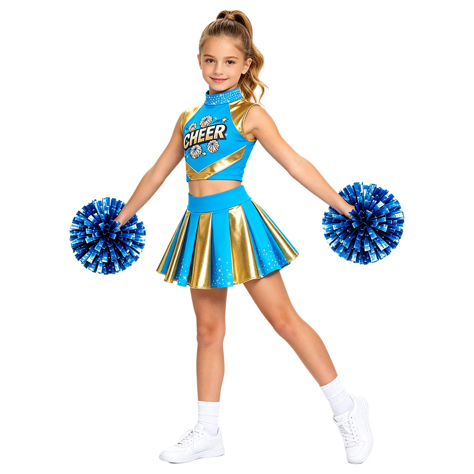 Cheerleader-Kostüm für Mädchen, Cheerleading-Uniform, 2-teiliges Set, ärmelloses Top mit Strasssteinen und „CHEER“-Aufdruck, kurzes Oberteil, plissierter Rock, Tanzoutfit. – Detail 20