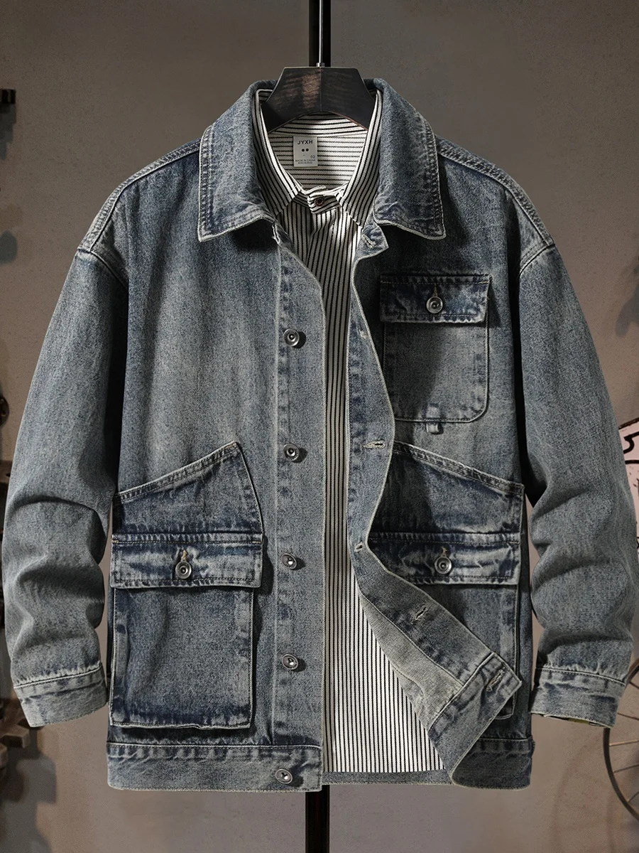 

High-End Casual Loose Fit Outdoor Men's Denim Jaet American Retro Waed Multi-ket Leisure Coat Youth Trend Cotton Blend
