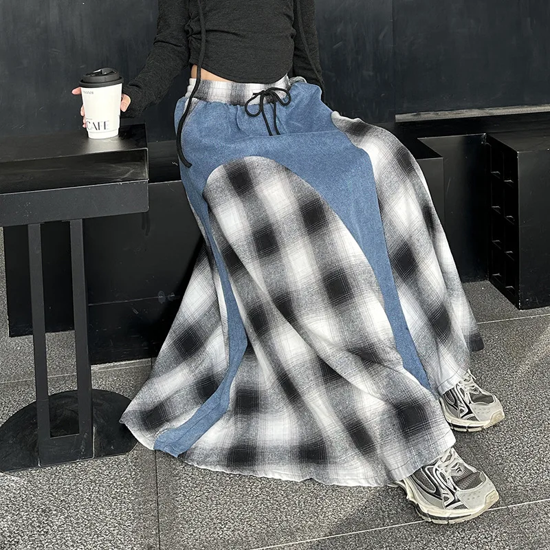 Denim Women Skirts Plaid Spliced Skirt Patchwork A Line High Waist Drawstring Ankle Length Loose Office Lady Casual 2025 Autumn