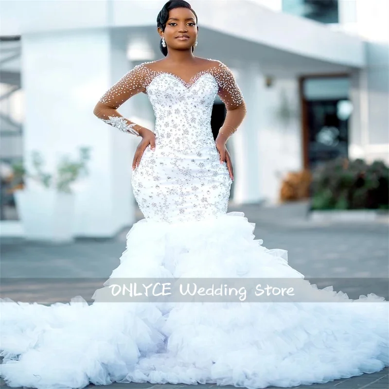 

Beaded Rhinestones Wedding Dress Long Sleeves Tulle Ruched Train Aso Ebi Mermaid Engagement Gown African Customized