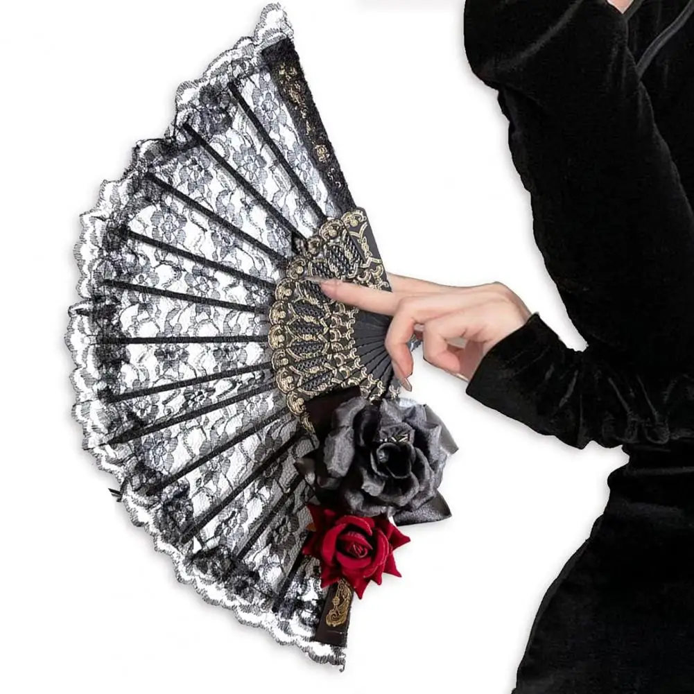 Floral Lace Foldable Fan Style Fan Elegant Lace Folding Fan with Black Rose Flower Vintage European Cosplay Tea Party for Women