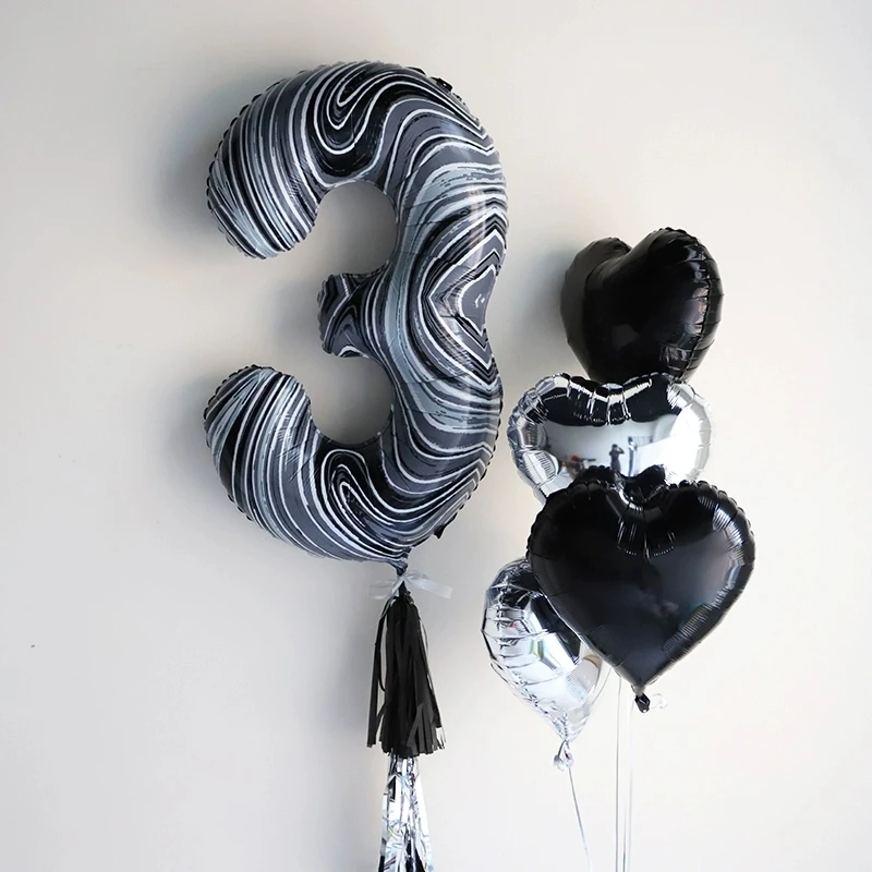 7PCS Marble Black Number Balloons Set 1 2 3 4 5 6 7 8 9 Baby Age Balloon Bouquet Birthday Party Ballon Bunch Digital Anniversary