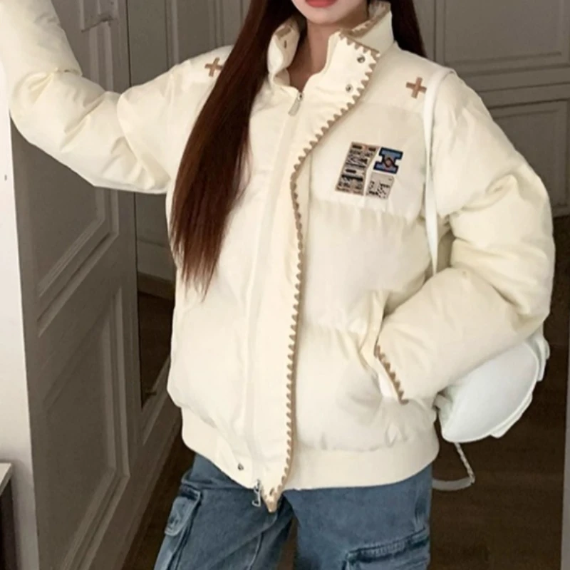 Women's Embroidered Padded Coat Winter Warm Thick Stand Collar Zip Up Short Loose Fit Outerwear Trendy Cozy Soft Female Parkas