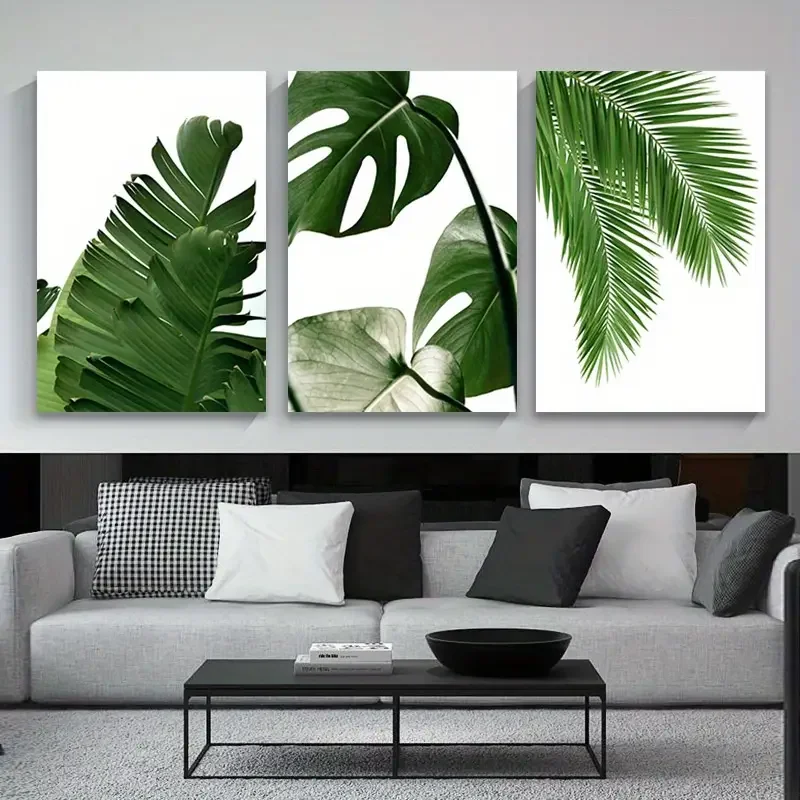 No Framed 3 Piece Green Tropical Leaf Canvas Painting Green Leaves Wall Art Monstera Leaf Palm Banana Print Posters Minimalist