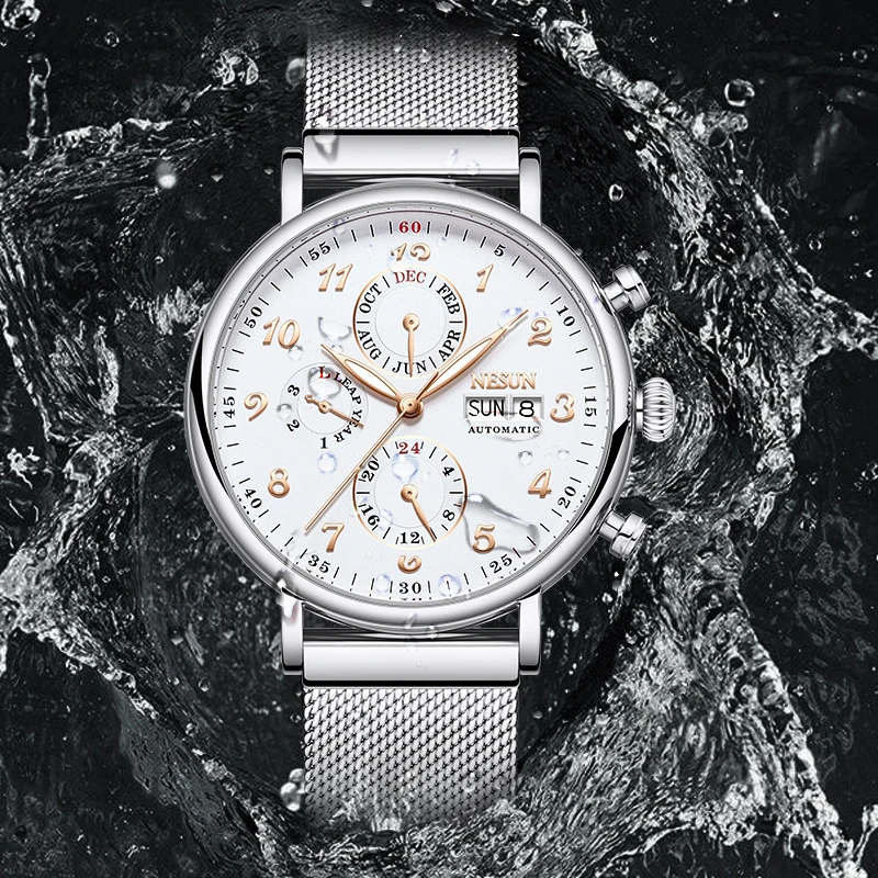 NESUN automatic mechanical men's watch, multi-functional luminous stainless steel classic business men's watch