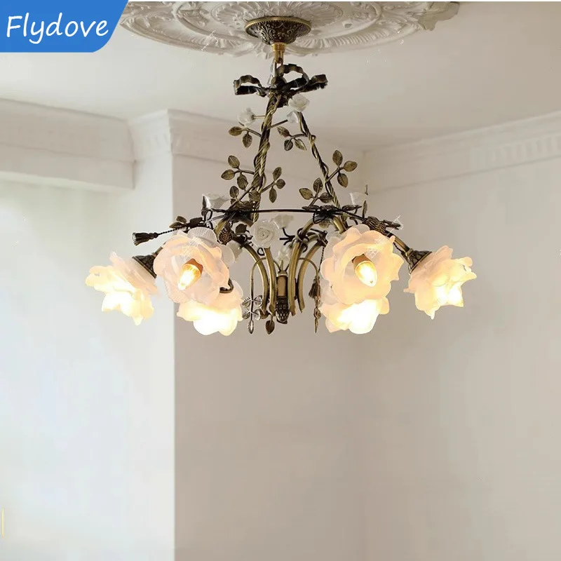 LED French Flower Full Copper Pendant Light Glass Shade Hanging Lamp Modern Home Decor Ceiling Lighting For Living Room Bedroom