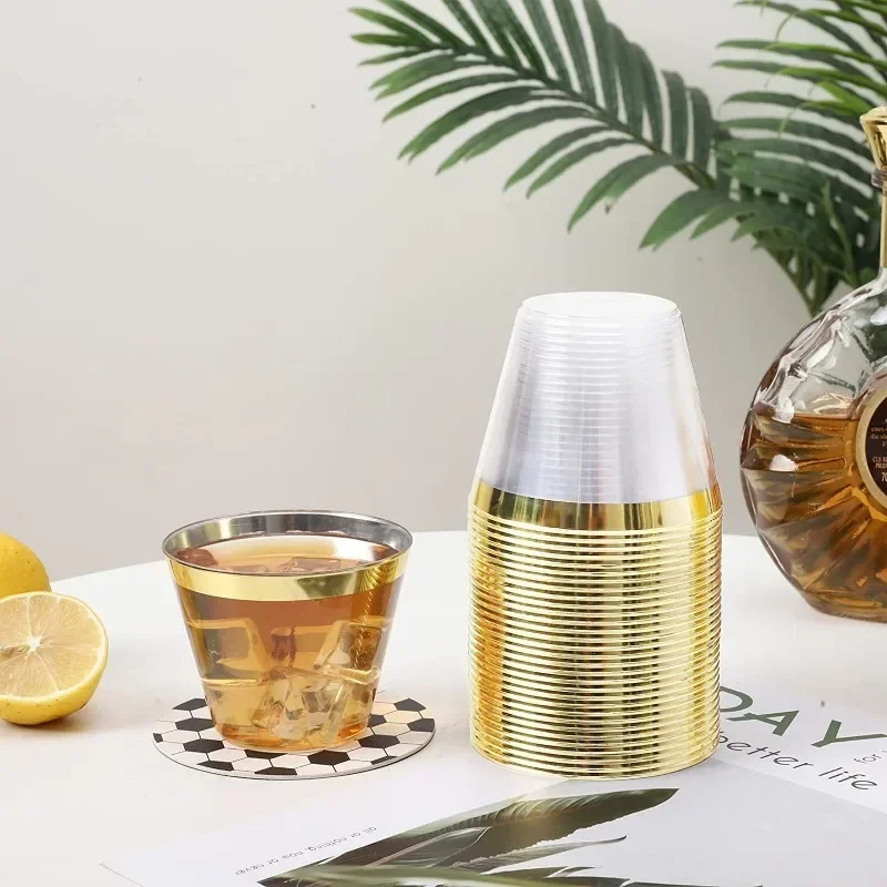 

50/100pcs Gold Plastic Cups 9 Oz Clear Cups With Gold Rim Cocktail Glasses Drinking Wedding Party Disposable Cups