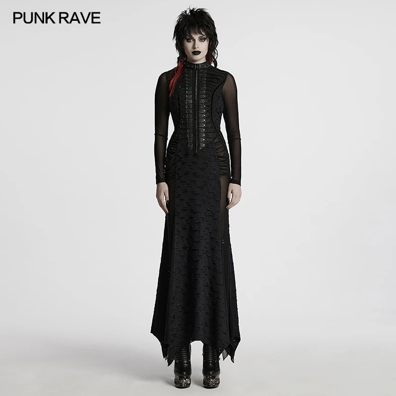 PUNK RAVE Women's Punk Visual Tattered Fabric & Honeycomb Mesh Creative Dress Goth Lace Elegant Waistline Party Dark Dresses