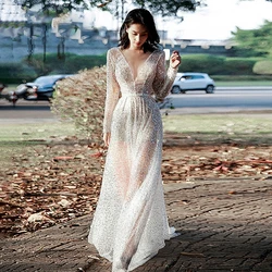 Long See Through V-neck Evening Dress Sequins вечернее платье Long Sleeves Luxury Robe Prom Party Dresses for Women