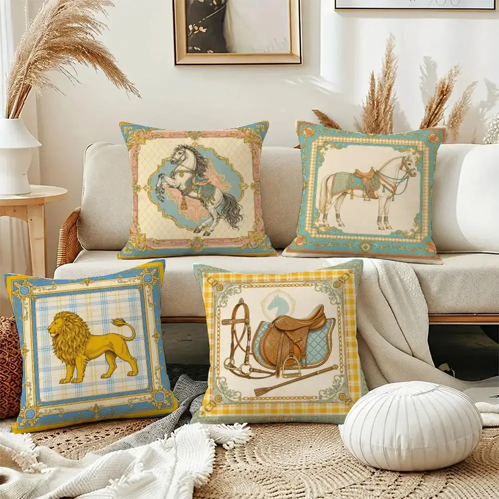 Vintage Horse and Lion Animal Cushion Cover Short Plush Soft Double-Sided Printing Pillow Case Cozy Sofa Bedroom Home Decor Gift