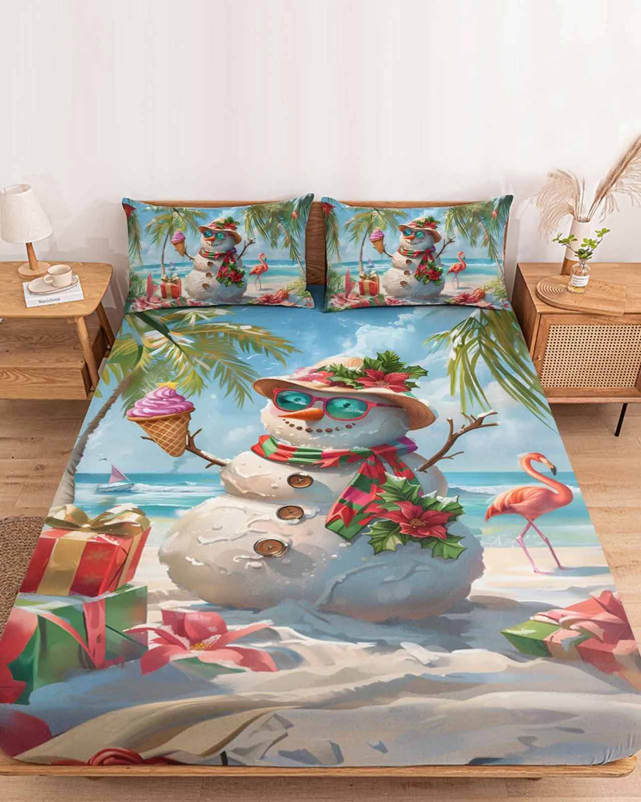 

Snowman Flamingo Gift Beach Polyester Fitted Sheet Mattress Cover Four Corners Elastic Band Bed Sheet Pilllowcase