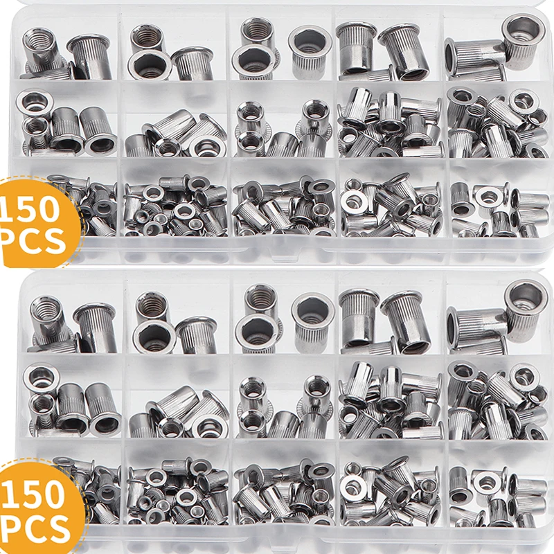 

150pcs Stainless Steel Rivnut M3 M4 M5 M6 M8 Rivet Nut Flat Head Rivet Nuts Set Hardware Parts Multi Size Insert Rivet Nut