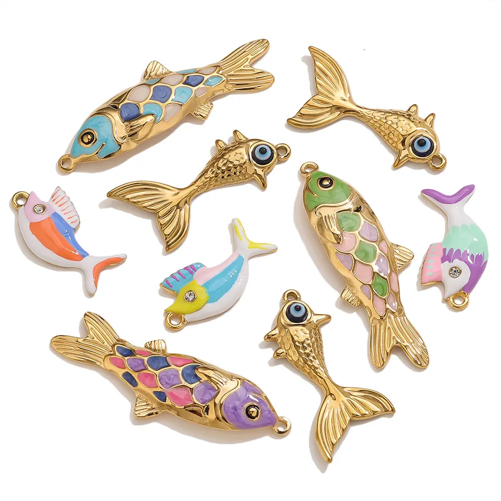 2-3pcs 스테인레스 스틸 귀여운 황금 에나멜 물고기 매력 Bohe DIY 쥬얼리 여성을위한 액세서리 만들기 목걸이 귀걸이 도매
