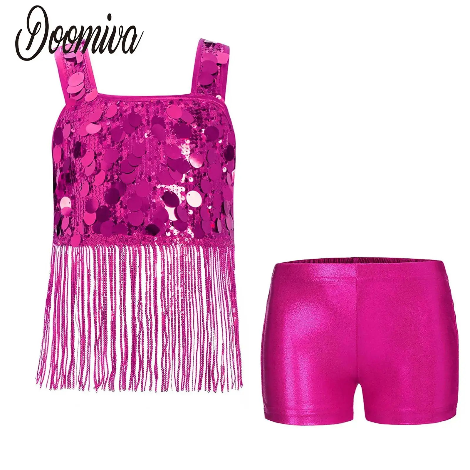 

Girls Modern Dance Costume Cheer Leaders Outfit Tassels Crop Top And Elastic Waistband Shorts for Party Performance Competition