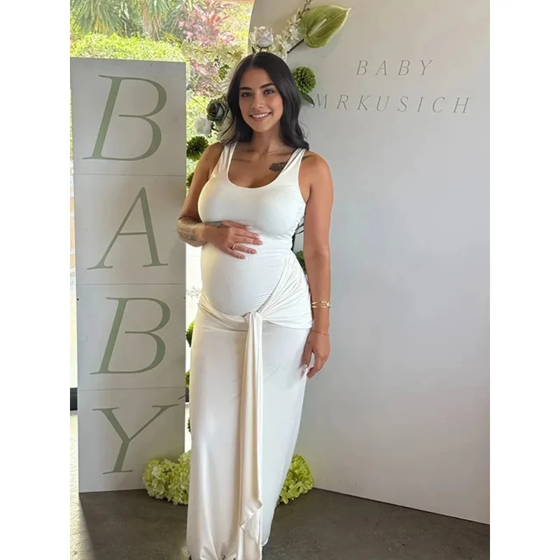 

Белое платье для беременных с лямкой на шее и рюшами, платье для фотосессии беременных, реквизит для фотосессии, стиль наряда для фотостудии