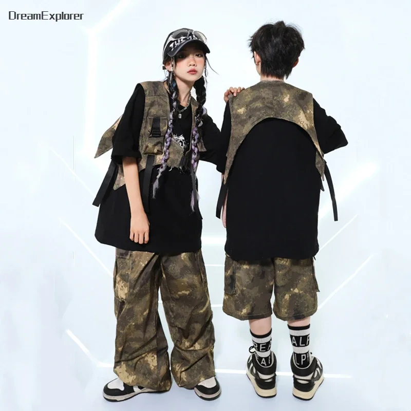 Girls Hip Hop Camouflage Vest T-shirt Military Cargo Pants Boys Street Dance Shorts Kids Jazz Clothes Sets Children Streetwear