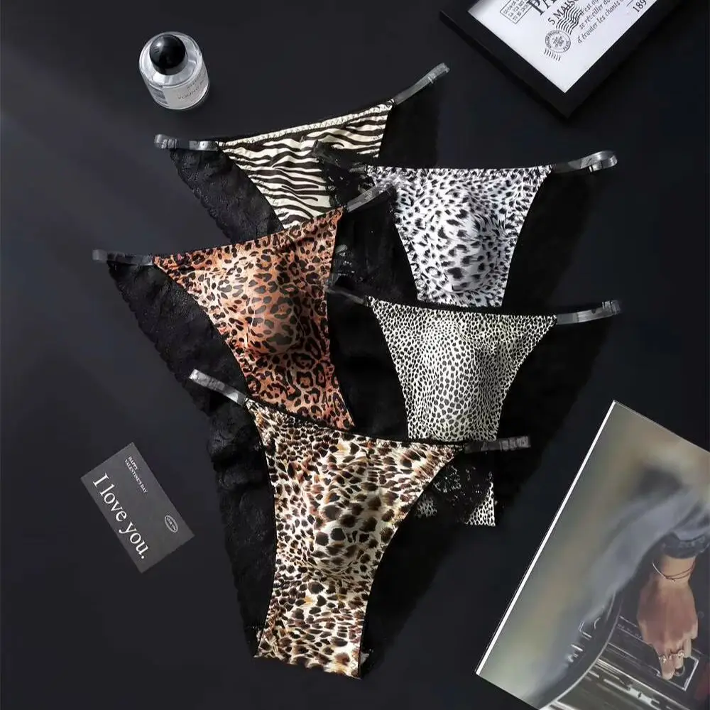 Men's Animal Print Thin Strap Lace Thongs Leopard Zebra Satin Briefs 3D Contour Pouch Low Rise High Elastic Sexy Male Underwear