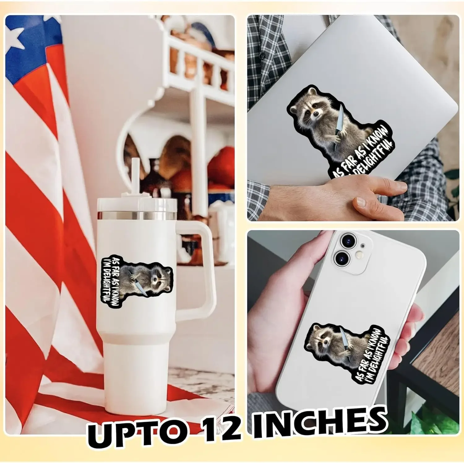 

3Pcs Funny Raccoon With Knife Sticker "As Far As I Know I'm Delightful" Meme Waterproof Vinyl Decal For Car Laptop Bottle